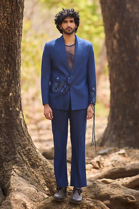 Nirmooha_Blue Denim Tassels Urban Forge Hand Embroidered Blazer _Online_at_Aza_Fashions
