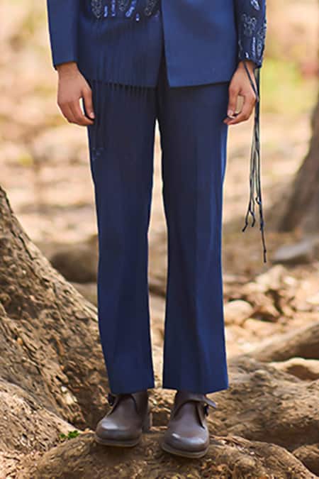 Nirmooha_Blue Denim, Organza Urban Forge Straight-leg Pant _Online_at_Aza_Fashions