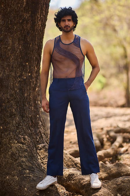 Nirmooha_Blue Net, Denim Indigo Flow Sheer Tank Top _Online_at_Aza_Fashions