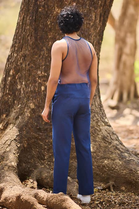 Shop_Nirmooha_Blue Net, Denim Indigo Flow Sheer Tank Top _at_Aza_Fashions