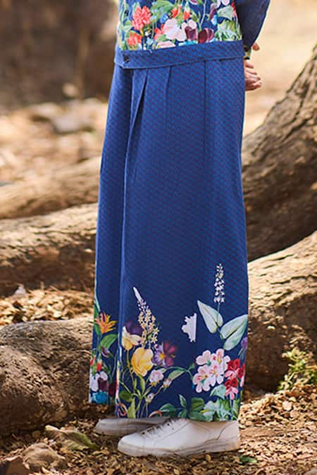Buy_Nirmooha_Blue Denim The Artisan Flared Pants With Floral Print _Online_at_Aza_Fashions