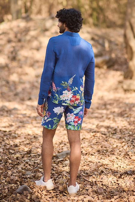 Shop_Nirmooha_Blue Denim Floral Printed Botanic Mirage Shirt _at_Aza_Fashions
