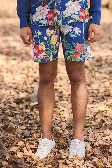 Nirmooha_Blue Denim Botanic Mirage Floral Printed Shorts _Online_at_Aza_Fashions