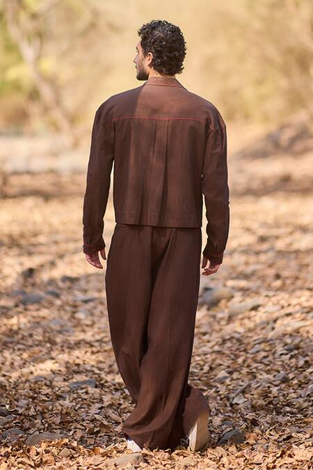 Shop_Nirmooha_Brown Denim Rustwood Wide Bottom Relaxed Pants _at_Aza_Fashions
