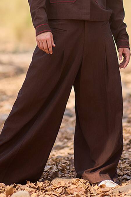 Nirmooha_Brown Denim Rustwood Wide Bottom Relaxed Pants _Online_at_Aza_Fashions