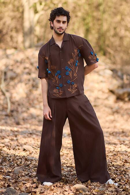 Nirmooha_Brown Denim Embroidery Rustic Charm Casual Shirt _Online_at_Aza_Fashions