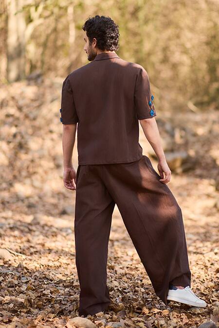 Shop_Nirmooha_Brown Denim Embroidery Rustic Charm Casual Shirt _at_Aza_Fashions
