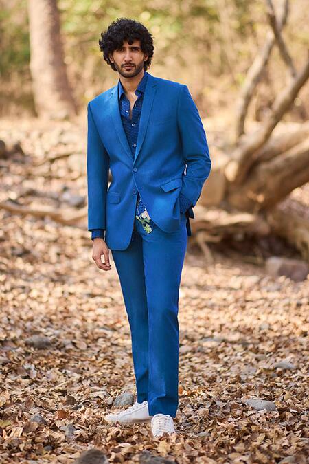 Nirmooha_Teal Denim Bluewood Blue Blazer _Online_at_Aza_Fashions