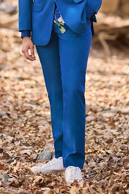 Nirmooha_Teal Denim Bluewood Blue Straight-leg Pants _Online_at_Aza_Fashions