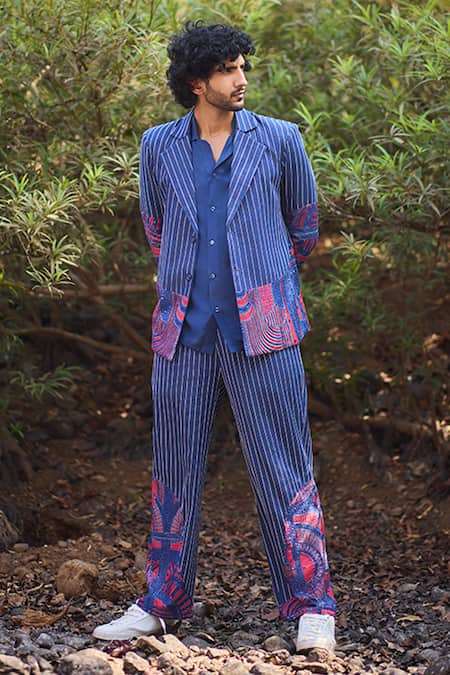 Nirmooha_Blue Denim Embroidery Linear Luxe Hand Stripe Blazer _Online_at_Aza_Fashions