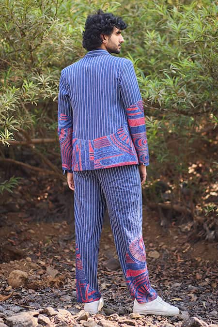 Shop_Nirmooha_Blue Denim Embroidery Linear Luxe Hand Stripe Blazer _at_Aza_Fashions