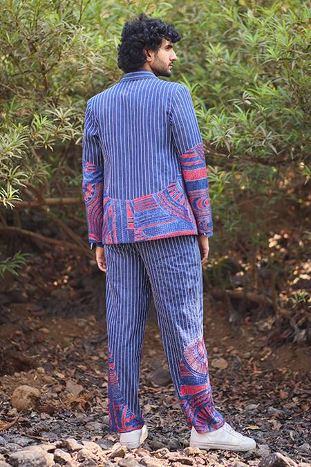 Shop_Nirmooha_Blue Denim Embroidery Linear Luxe Hand Wide Pants _at_Aza_Fashions