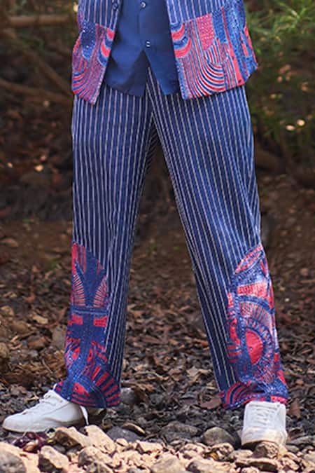 Buy_Nirmooha_Blue Denim Embroidery Linear Luxe Hand Wide Pants _Online_at_Aza_Fashions
