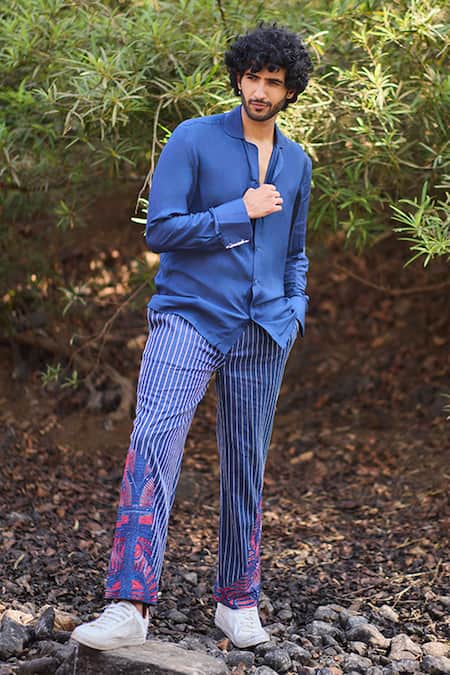 Nirmooha_Blue Indigo Linear Vogue Shirt _Online_at_Aza_Fashions