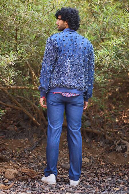 Shop_Nirmooha_Blue Denim Embroidery Valor Odyssey Handcrafted Bomber Jacket _at_Aza_Fashions