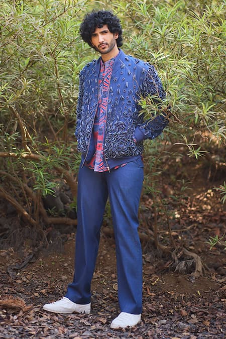 Nirmooha_Blue Denim Embroidery Valor Odyssey Handcrafted Bomber Jacket _Online_at_Aza_Fashions