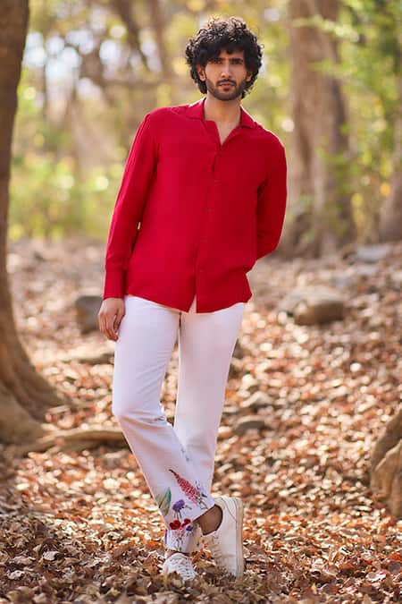 Nirmooha_Red Silk, Denim Firey Casual Shirt _Online_at_Aza_Fashions