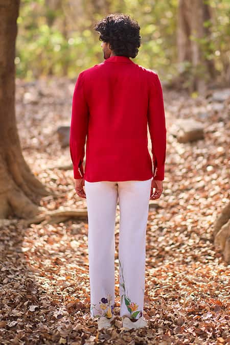Shop_Nirmooha_Red Silk, Denim Firey Casual Shirt _at_Aza_Fashions