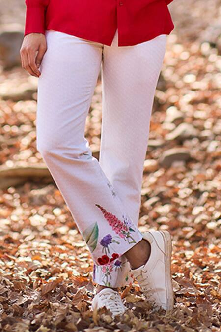 Nirmooha_White Denim, Silk Fire And Ivory Floral Printed Pant _Online_at_Aza_Fashions
