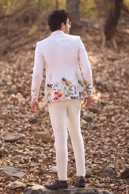 Shop_Nirmooha_White Denim Floral Printed Double Breasted Blazer _at_Aza_Fashions