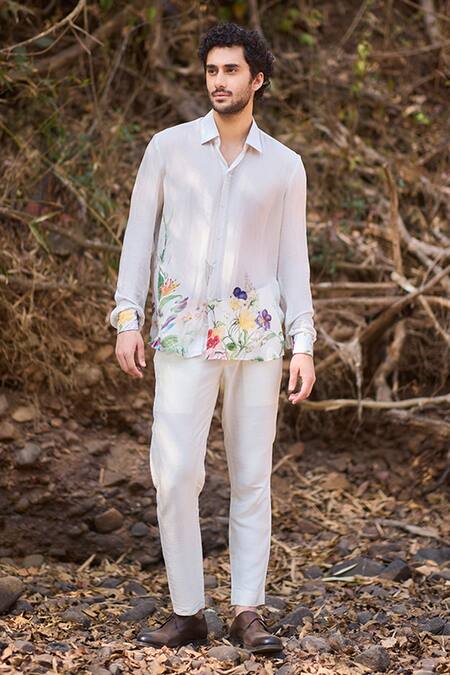 Nirmooha_White Chiffon, Silk Embroidery Floral Printed Casual Shirt _Online_at_Aza_Fashions