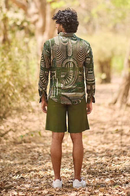 Shop_Nirmooha_Green Chiffon Embroidery Vanguard Geometric Printed Hand Shirt _at_Aza_Fashions
