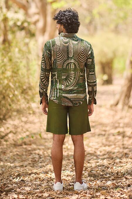 Shop_Nirmooha_Green Cotton Olive Vanguard Designer Shorts _at_Aza_Fashions