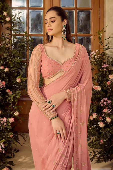 Parul Gandhi_Blush Chiffon Sequins, Embroidery, Beads Pink Pre-draped Saree Set _Online_at_Aza_Fashions
