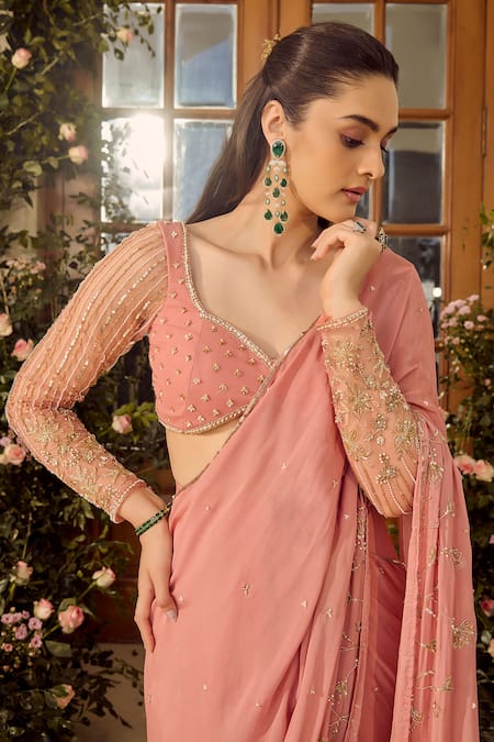 Buy_Parul Gandhi_Blush Chiffon Sequins, Embroidery, Beads Pink Pre-draped Saree Set _Online_at_Aza_Fashions