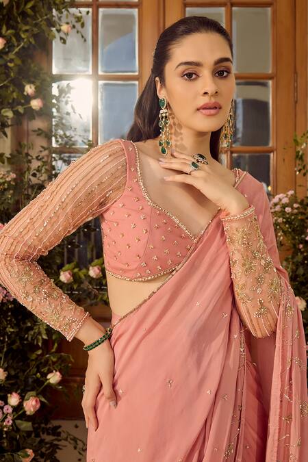 Shop_Parul Gandhi_Blush Chiffon Sequins, Embroidery, Beads Pink Pre-draped Saree Set _Online_at_Aza_Fashions