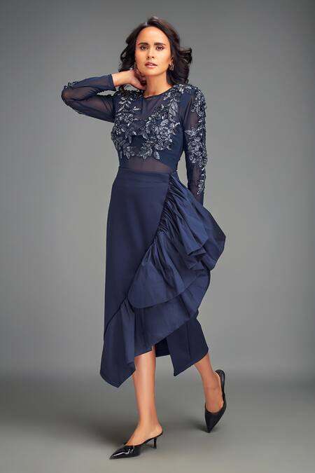 Deepika Arora Navy Taffeta, Net Embroidery Round Neck Blue Designer Skirt Set Online at Aza Fashions Deepika Arora_Navy Taffeta, Net Embroidery Round Neck Blue Designer Skirt Set _Online_at_Aza_Fashions
