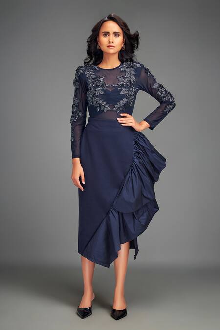 Shop Deepika Arora Navy Taffeta, Net Embroidery Round Neck Blue Designer Skirt Set Online at Aza Fashions Shop_Deepika Arora_Navy Taffeta, Net Embroidery Round Neck Blue Designer Skirt Set _Online_at_Aza_Fashions