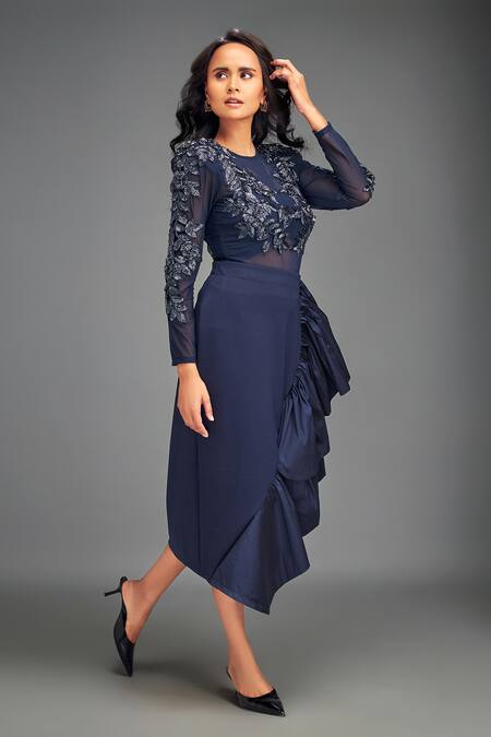 Deepika Arora Navy Taffeta, Net Embroidery Round Neck Blue Designer Skirt Set at Aza Fashions Deepika Arora_Navy Taffeta, Net Embroidery Round Neck Blue Designer Skirt Set _at_Aza_Fashions
