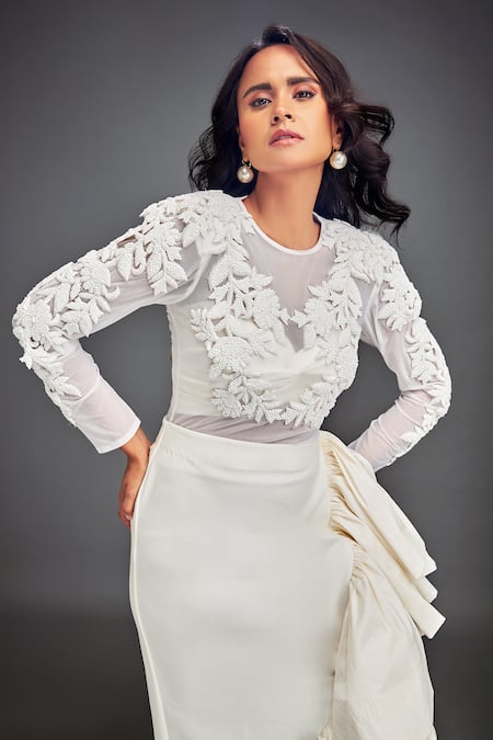 Deepika Arora_White Taffeta, Net Embroidery Round Neck Designer Skirt Set _Online_at_Aza_Fashions