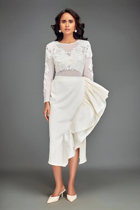 Buy_Deepika Arora_White Taffeta, Net Embroidery Round Neck Designer Skirt Set _Online_at_Aza_Fashions