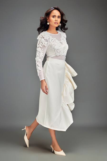 Shop_Deepika Arora_White Taffeta, Net Embroidery Round Neck Designer Skirt Set _Online_at_Aza_Fashions
