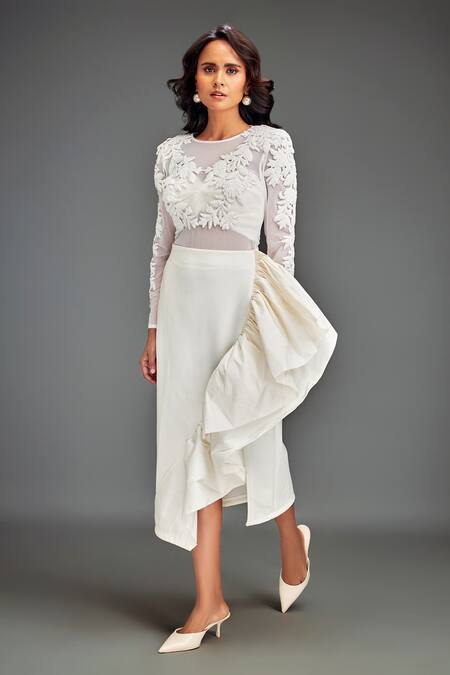 Deepika Arora_White Taffeta, Net Embroidery Round Neck Designer Skirt Set _at_Aza_Fashions