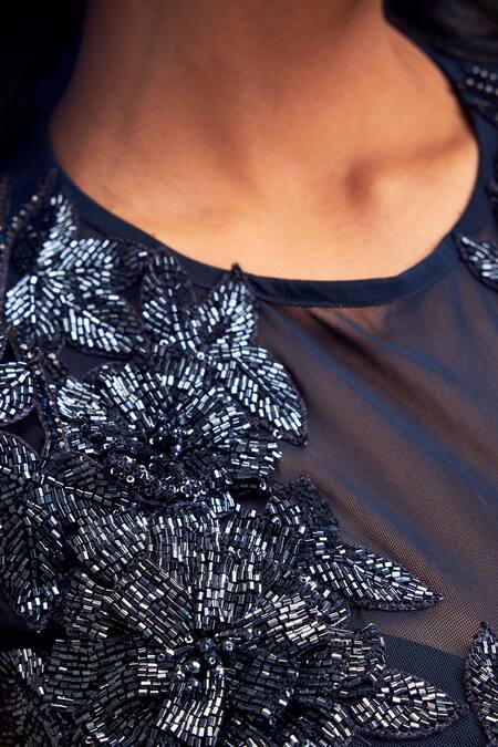 Deepika Arora_Navy Taffeta, Net Beads, Embroidery Round Neck Blue Skirt Set _at_Aza_Fashions