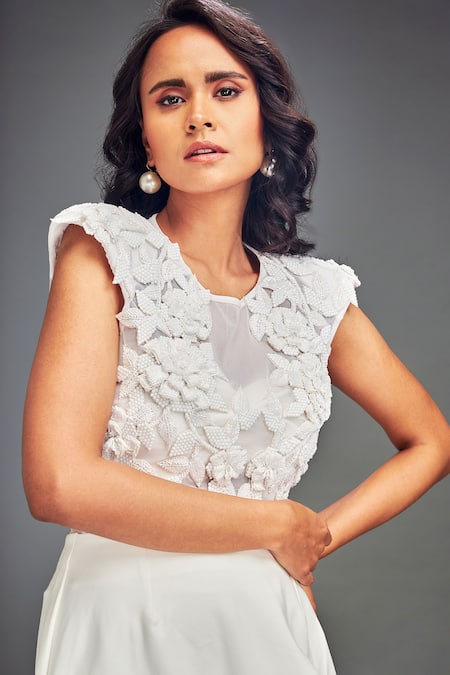 Deepika Arora White Taffeta Fabric Flowers Round Floral Embroidered Top And Ruffled Skirt Set Online at Aza Fashions Deepika Arora_White Taffeta Fabric Flowers Round Floral Embroidered Top And Ruffled Skirt Set _Online_at_Aza_Fashions