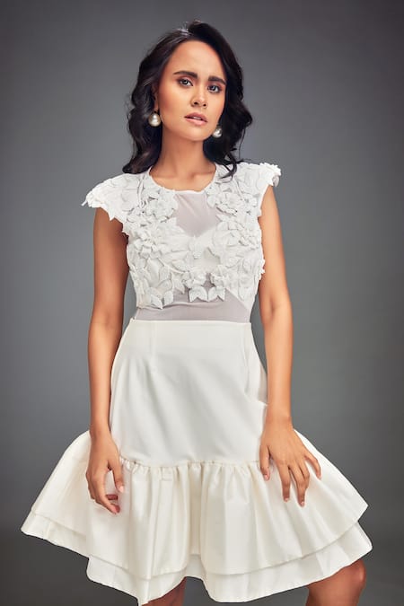 Buy Deepika Arora White Taffeta Fabric Flowers Round Floral Embroidered Top And Ruffled Skirt Set Online at Aza Fashions Buy_Deepika Arora_White Taffeta Fabric Flowers Round Floral Embroidered Top And Ruffled Skirt Set _Online_at_Aza_Fashions
