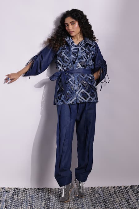 Shop_Devina Juneja_Blue Satin, Denim Cowl Neck Aurora Top And Harem Pant Set _at_Aza_Fashions