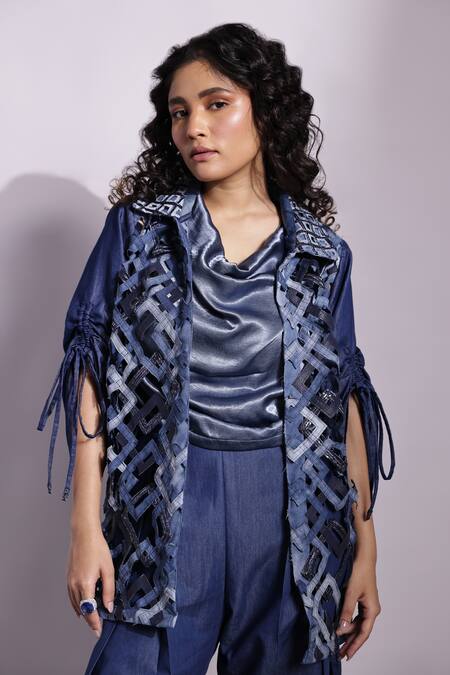 Devina Juneja_Blue Satin, Denim Cowl Neck Aurora Top And Harem Pant Set _Online_at_Aza_Fashions