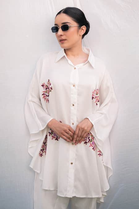 Shop_Daljit Sudan_White Satin Embroidery Collared German Pant Set _Online_at_Aza_Fashions