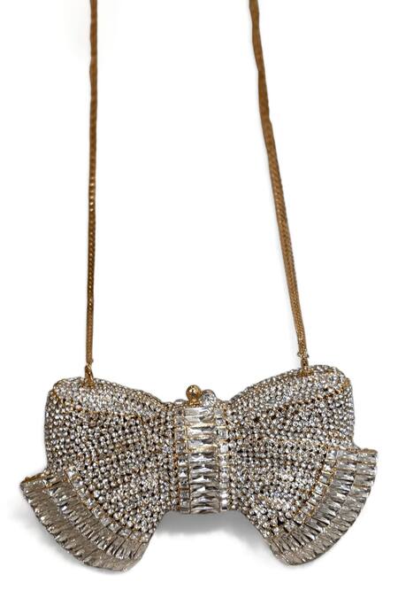 Shop Lolaa Silver Rhinestones Designer Bow Clutch at Aza Fashions Shop_Lolaa_Silver Rhinestones Designer Bow Clutch_at_Aza_Fashions