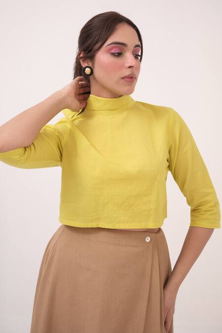 Buy Ruchi Marodia Green Cotton High Neck Lemon Crop Top And Ash Brown Skirt Set Online at Aza Fashions Buy_Ruchi Marodia_Green Cotton High Neck Lemon Crop Top And Ash Brown Skirt Set _Online_at_Aza_Fashions