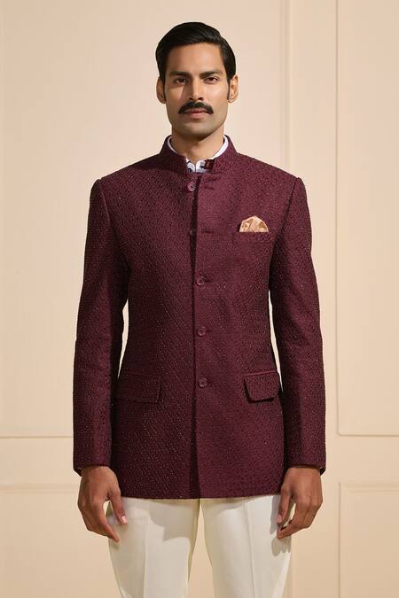 Raghavendra Rathore Jodhpur_Maroon Tussar Tassar Jacquard Bandhgala _Online_at_Aza_Fashions