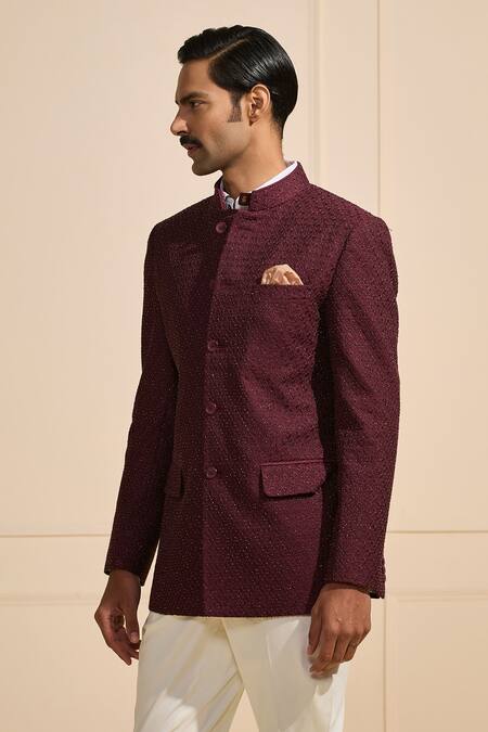 Buy_Raghavendra Rathore Jodhpur_Maroon Tussar Tassar Jacquard Bandhgala _Online_at_Aza_Fashions