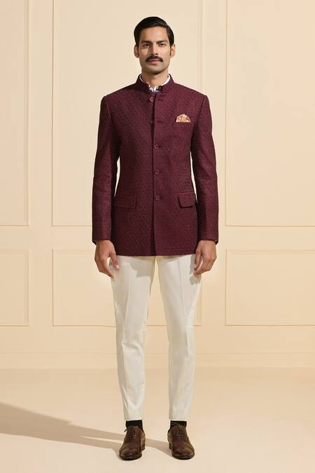 Shop_Raghavendra Rathore Jodhpur_Maroon Tussar Tassar Jacquard Bandhgala _Online_at_Aza_Fashions