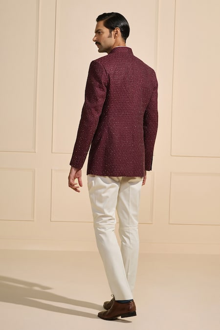 Raghavendra Rathore Jodhpur Maroon Tassar Jacquard Bandhgala 