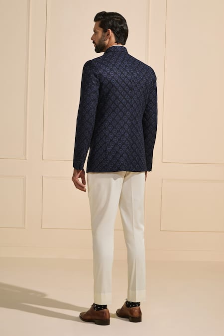 Shop Raghavendra Rathore Jodhpur Navy Silk Geometric Bandhgala at Aza Fashions Shop_Raghavendra Rathore Jodhpur_Navy Silk Geometric Bandhgala _at_Aza_Fashions